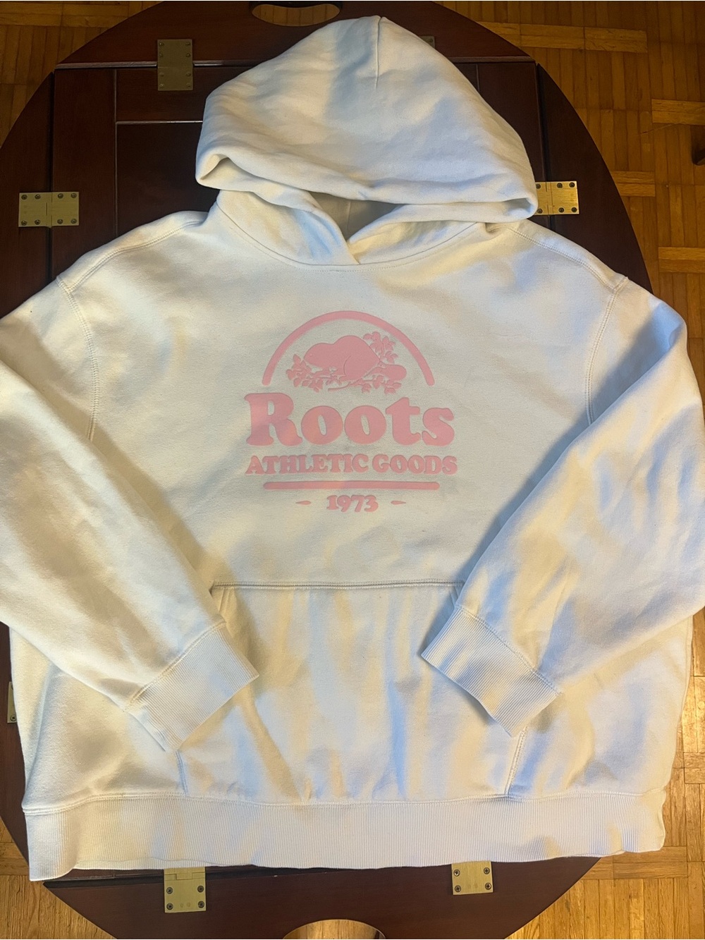 Roots White Crewneck Hoodie with Pink Logo